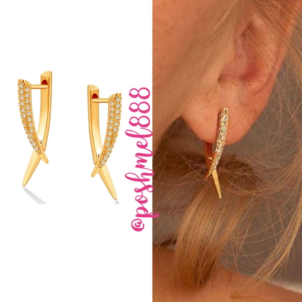 :: [GOLD] Delicate Pavé Hoops Dagger Spike Huggie Earrings - Picture 2 of 6